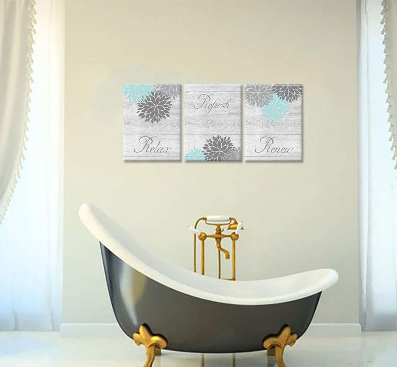 Zlove Teal and Grey Bathroom Wall Decor Dahlia Flower Painting Prints Relax Signs Artwork for Spa Yoga Room, 12"x16", 3Pcs - Image 3